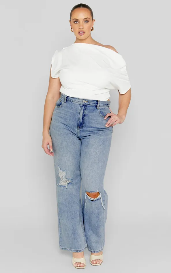 Showpo Miho Jeans 8211 High Waisted Recycled Cotton Distressed Straight Leg Denim Jeans In Mid Blue Wash Women Curve Clothes