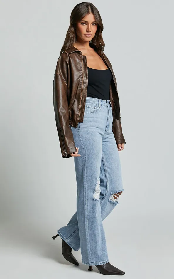 Showpo Miho Jeans 8211 High Waisted Recycled Cotton Distressed Straight Leg Denim Jeans In Mid Blue Wash Women Curve Clothes