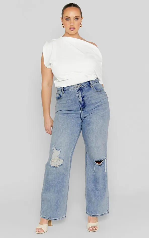 Showpo Miho Jeans 8211 High Waisted Recycled Cotton Distressed Straight Leg Denim Jeans In Mid Blue Wash Women Curve Clothes