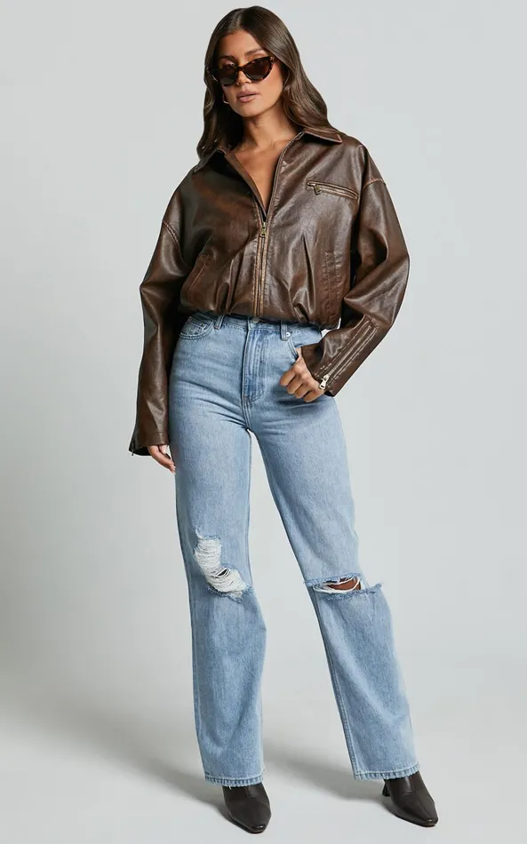Showpo Miho Jeans 8211 High Waisted Recycled Cotton Distressed Straight Leg Denim Jeans In Mid Blue Wash Women Curve Clothes