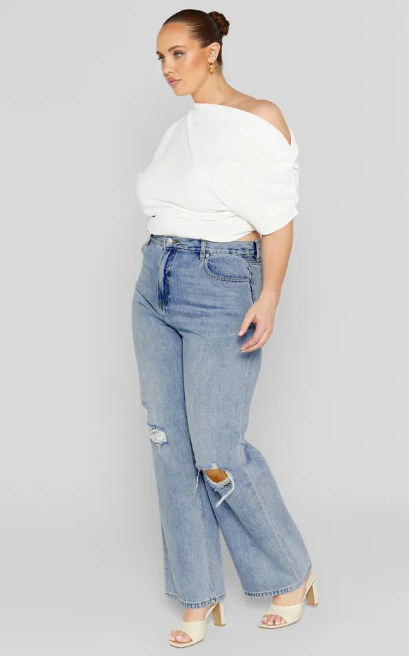Showpo Miho Jeans 8211 High Waisted Recycled Cotton Distressed Straight Leg Denim Jeans In Mid Blue Wash Women Curve Clothes