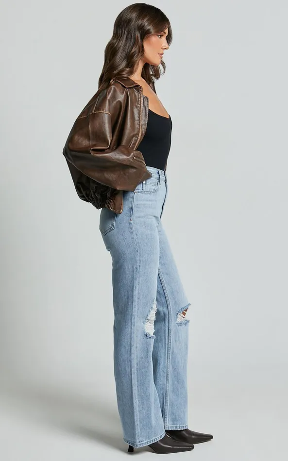 Showpo Miho Jeans 8211 High Waisted Recycled Cotton Distressed Straight Leg Denim Jeans In Mid Blue Wash Women Curve Clothes