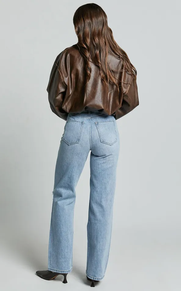 Showpo Miho Jeans 8211 High Waisted Recycled Cotton Distressed Straight Leg Denim Jeans In Mid Blue Wash Women Curve Clothes