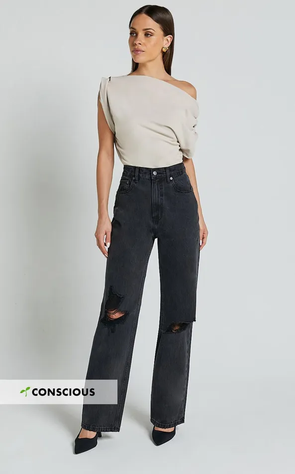 Showpo Miho Jeans 8211 High Waisted Recycled Cotton Distressed Straight Leg Denim Jeans In Washed Black Women Denim Showpo Miho Jeans 8211 High Waisted Recycled Cotton Distressed Straight Leg Denim Jeans In Washed Black Women Denim