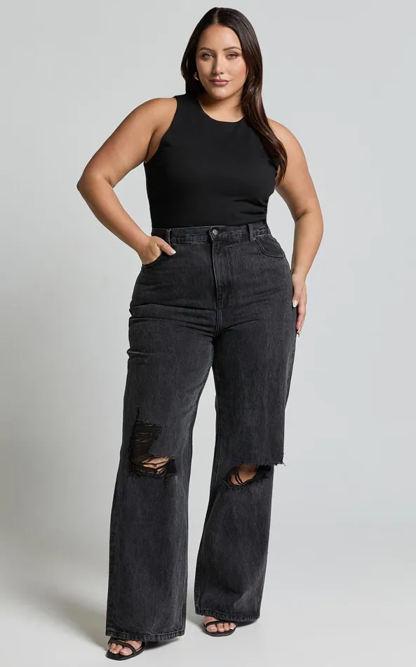 Showpo Miho Jeans 8211 High Waisted Recycled Cotton Distressed Straight Leg Denim Jeans In Washed Black Women Denim