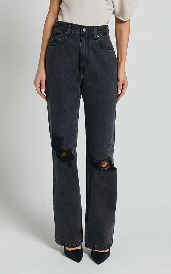 Showpo Miho Jeans 8211 High Waisted Recycled Cotton Distressed Straight Leg Denim Jeans In Washed Black Women Denim