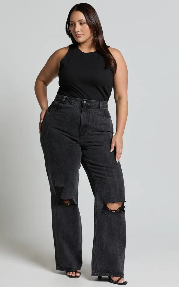 Showpo Miho Jeans 8211 High Waisted Recycled Cotton Distressed Straight Leg Denim Jeans In Washed Black Women Denim