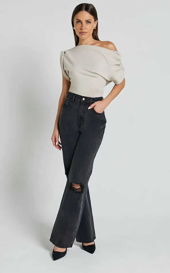 Showpo Miho Jeans 8211 High Waisted Recycled Cotton Distressed Straight Leg Denim Jeans In Washed Black Women Denim