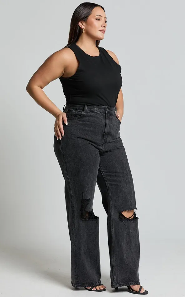 Showpo Miho Jeans 8211 High Waisted Recycled Cotton Distressed Straight Leg Denim Jeans In Washed Black Women Denim