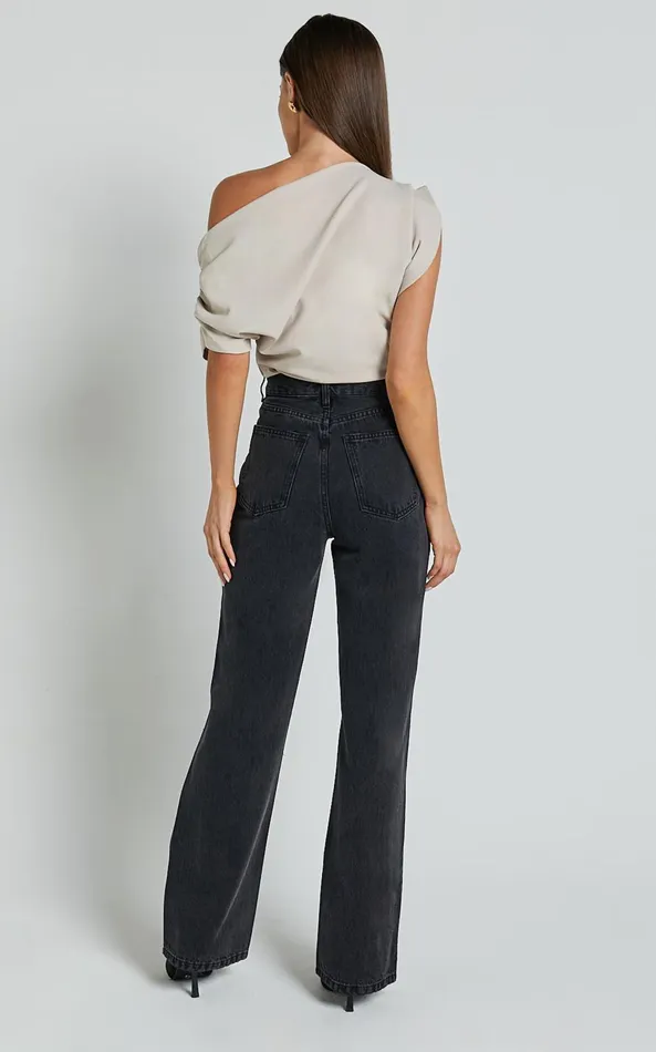Showpo Miho Jeans 8211 High Waisted Recycled Cotton Distressed Straight Leg Denim Jeans In Washed Black Women Denim