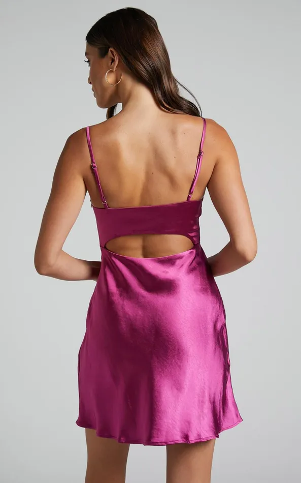Showpo Mikaila Mini Dress 8211 Cut Out Back Satin Slip Dress In Plum Women Dresses