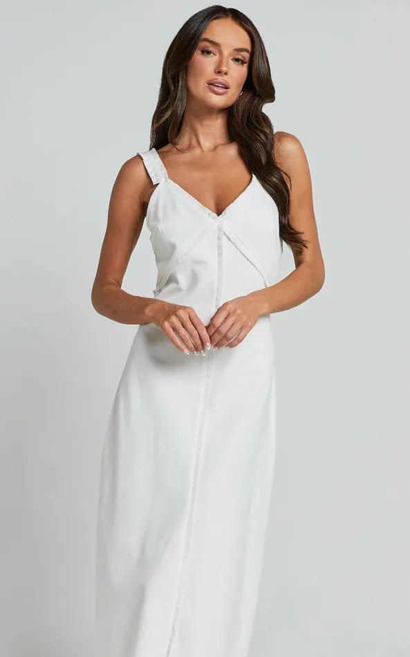 Showpo Mikella Midi Dress 8211 Linen Exposed Seam Shift Dress In White Women Dresses