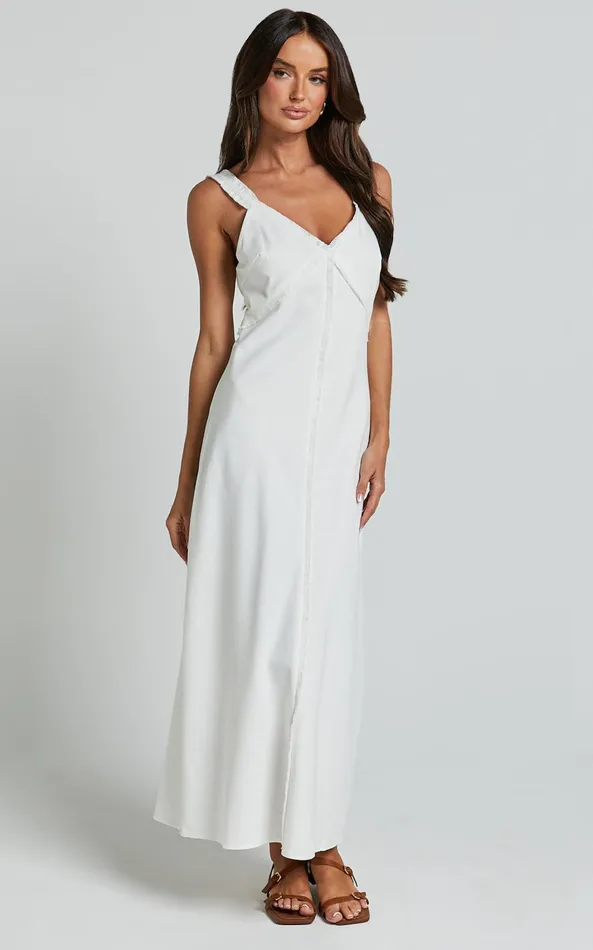 Showpo Mikella Midi Dress 8211 Linen Exposed Seam Shift Dress In White Women Dresses