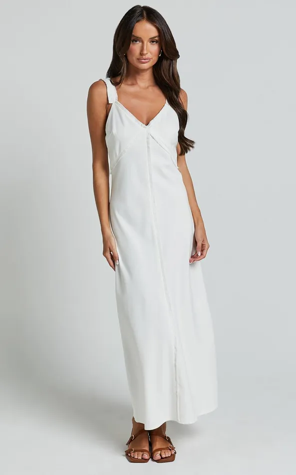 Showpo Mikella Midi Dress 8211 Linen Exposed Seam Shift Dress In White Women Dresses
