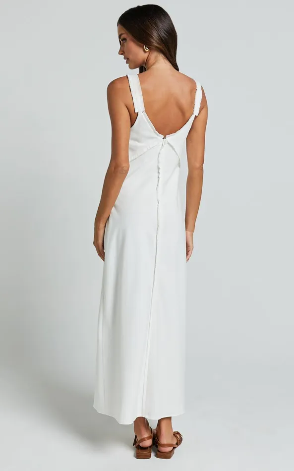 Showpo Mikella Midi Dress 8211 Linen Exposed Seam Shift Dress In White Women Dresses