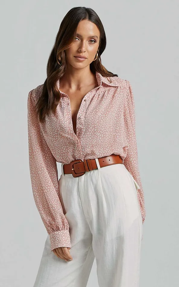 Showpo Milane Blouse 8211 Collared Button Through Long Blouson Sleeve In Pink and White Print Women Tops Showpo Milane Blouse 8211 Collared Button Through Long Blouson Sleeve In Pink and White Print Women Tops