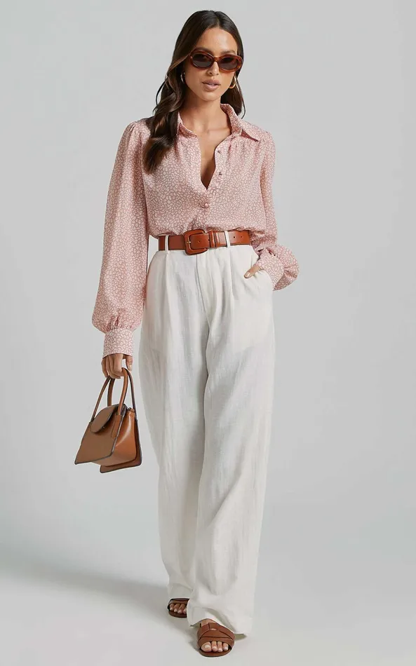Showpo Milane Blouse 8211 Collared Button Through Long Blouson Sleeve In Pink and White Print Women Tops