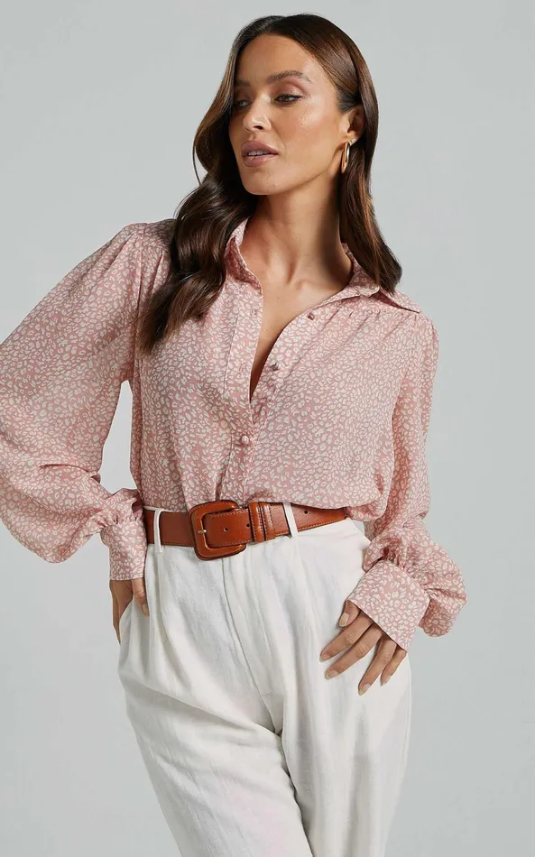 Showpo Milane Blouse 8211 Collared Button Through Long Blouson Sleeve In Pink and White Print Women Tops
