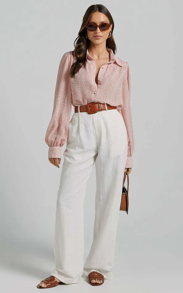 Showpo Milane Blouse 8211 Collared Button Through Long Blouson Sleeve In Pink and White Print Women Tops