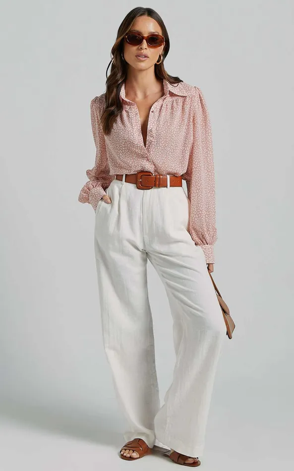 Showpo Milane Blouse 8211 Collared Button Through Long Blouson Sleeve In Pink and White Print Women Tops