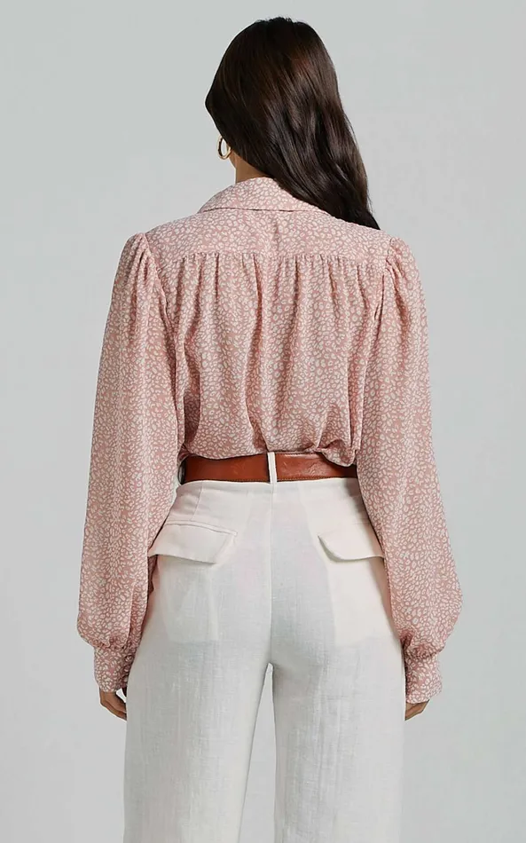 Showpo Milane Blouse 8211 Collared Button Through Long Blouson Sleeve In Pink and White Print Women Tops