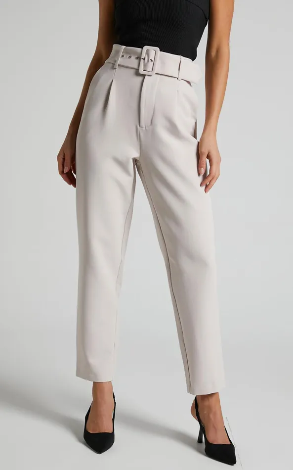 Showpo Milica Trousers 8211 Belted High Waisted Trousers In Beige Women Curve Clothes