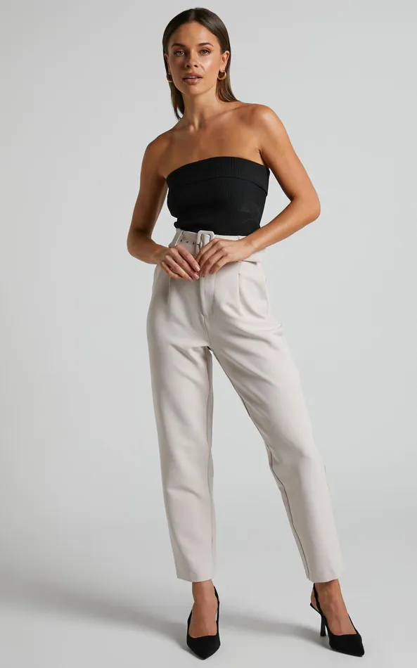 Showpo Milica Trousers 8211 Belted High Waisted Trousers In Beige Women Curve Clothes
