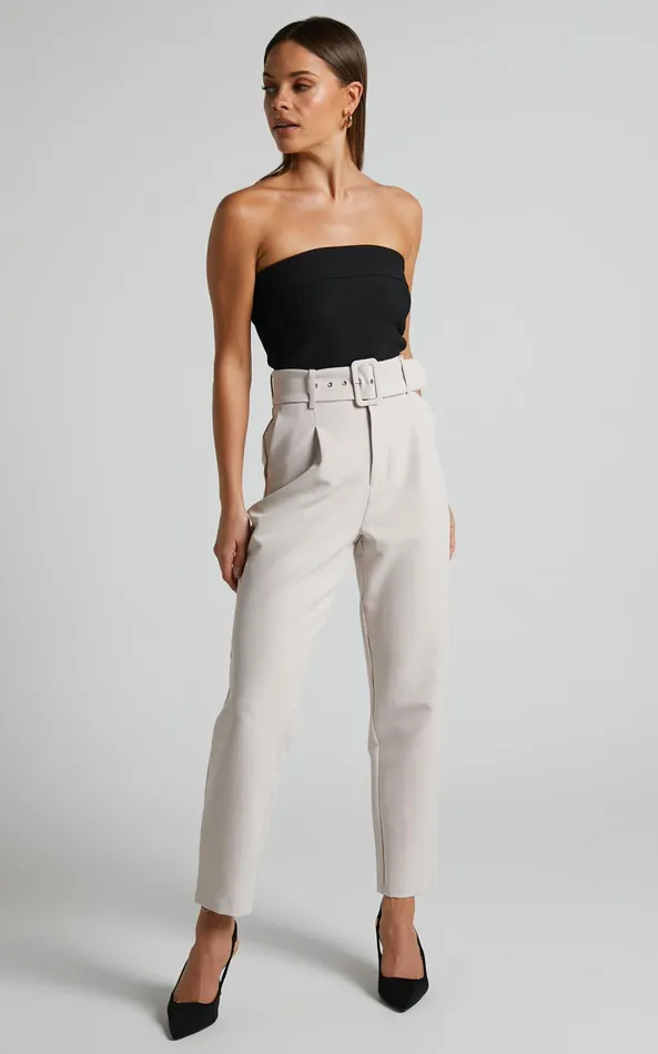 Showpo Milica Trousers 8211 Belted High Waisted Trousers In Beige Women Curve Clothes