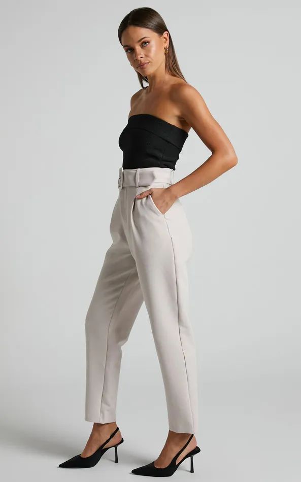 Showpo Milica Trousers 8211 Belted High Waisted Trousers In Beige Women Curve Clothes