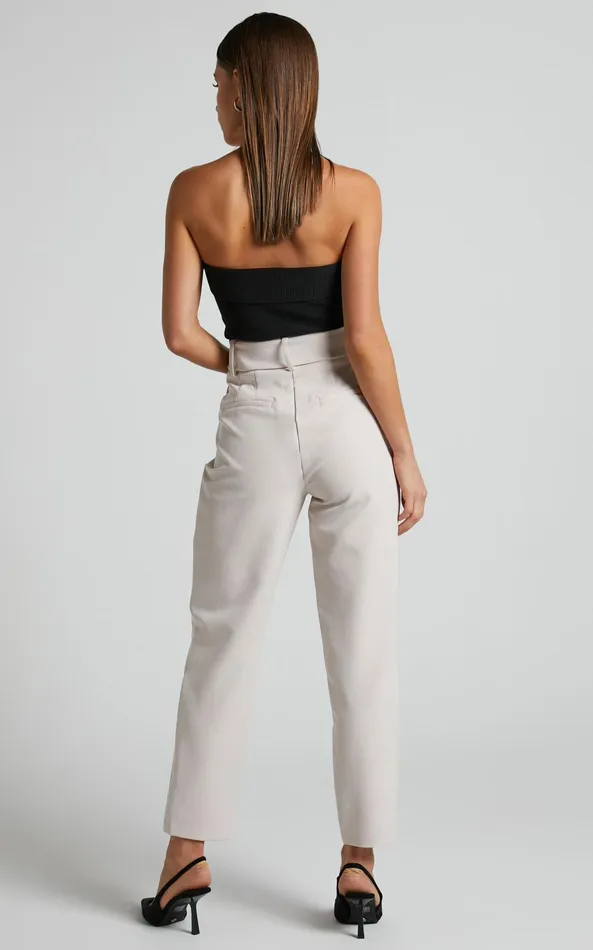 Showpo Milica Trousers 8211 Belted High Waisted Trousers In Beige Women Curve Clothes
