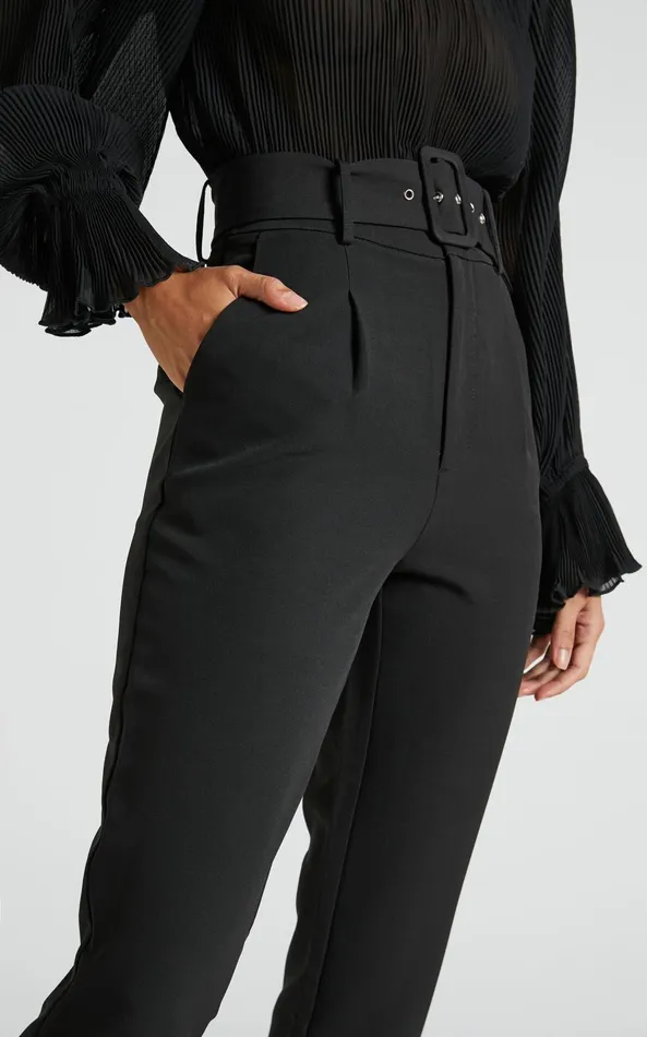 Showpo Milica Trousers 8211 Belted High Waisted Trousers In Black Women Curve Clothes