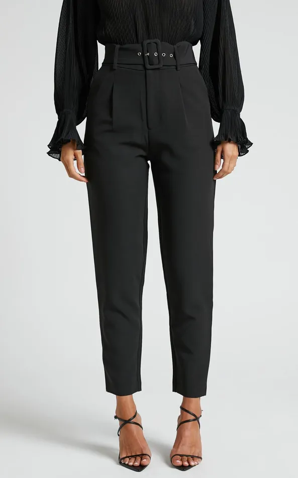 Showpo Milica Trousers 8211 Belted High Waisted Trousers In Black Women Curve Clothes