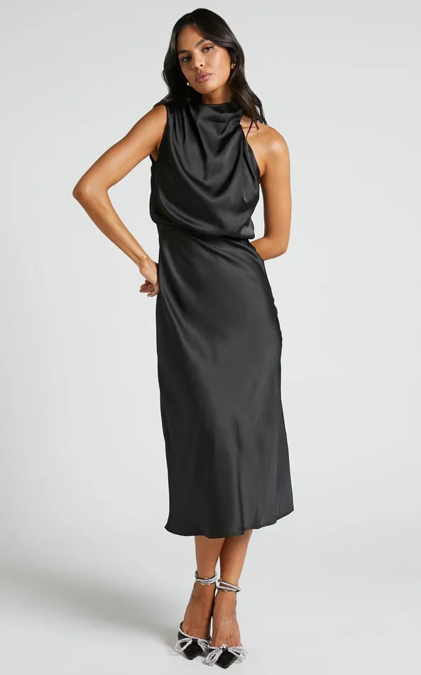 Showpo Minnie Midi Dress 8211 Drape Neck Satin Slip Dress In Black Women Dresses
