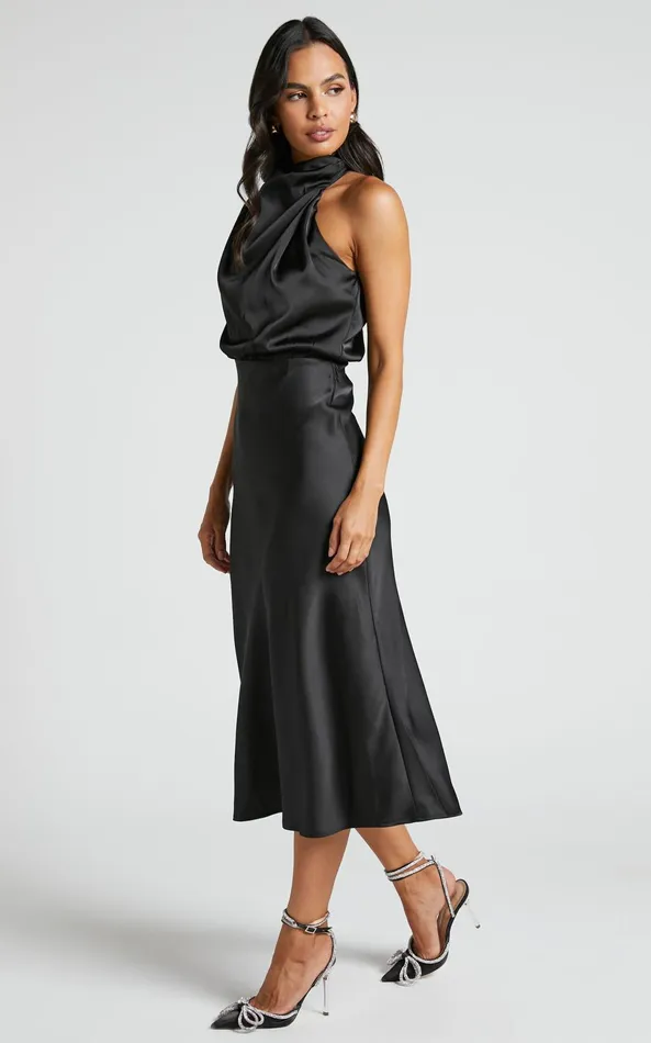 Showpo Minnie Midi Dress 8211 Drape Neck Satin Slip Dress In Black Women Dresses
