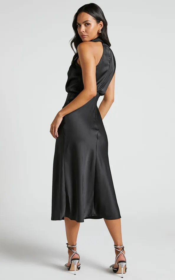 Showpo Minnie Midi Dress 8211 Drape Neck Satin Slip Dress In Black Women Dresses