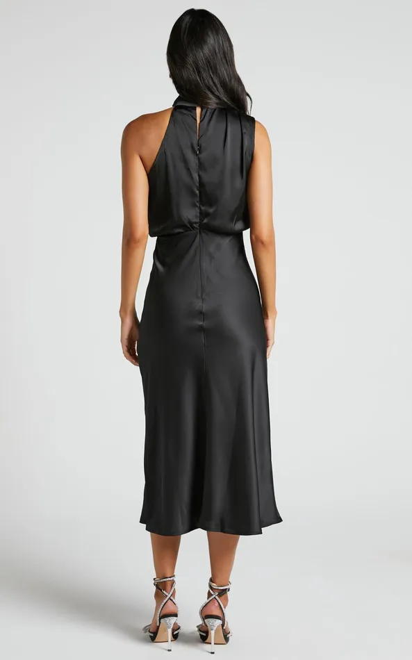 Showpo Minnie Midi Dress 8211 Drape Neck Satin Slip Dress In Black Women Dresses