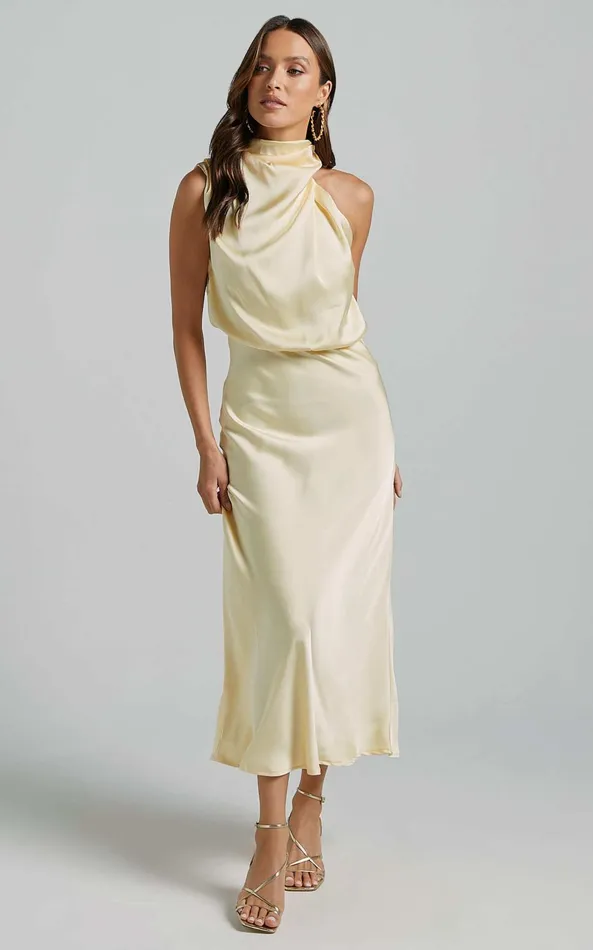 Showpo Minnie Midi Dress 8211 Drape Neck Satin Slip Dress In Butter Yellow Women Dresses Showpo Minnie Midi Dress 8211 Drape Neck Satin Slip Dress In Butter Yellow Women Dresses