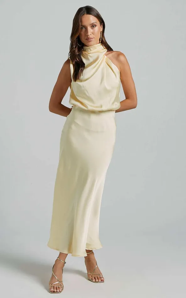 Showpo Minnie Midi Dress 8211 Drape Neck Satin Slip Dress In Butter Yellow Women Dresses