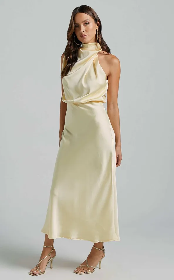 Showpo Minnie Midi Dress 8211 Drape Neck Satin Slip Dress In Butter Yellow Women Dresses