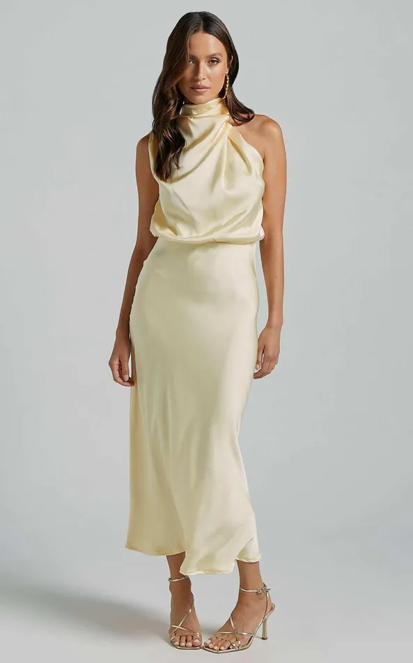 Showpo Minnie Midi Dress 8211 Drape Neck Satin Slip Dress In Butter Yellow Women Dresses