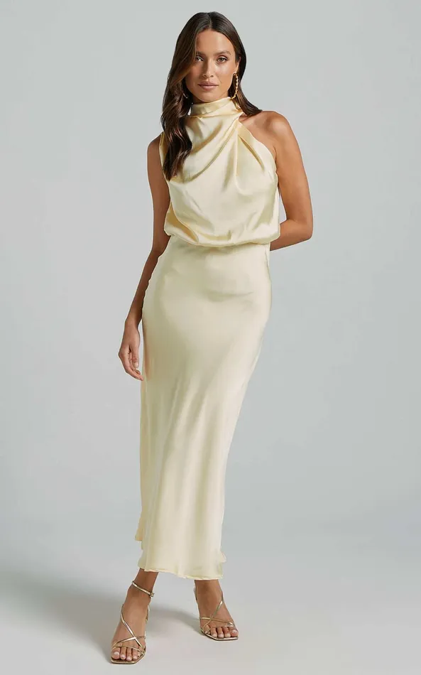 Showpo Minnie Midi Dress 8211 Drape Neck Satin Slip Dress In Butter Yellow Women Dresses