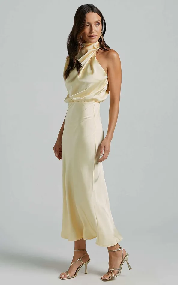 Showpo Minnie Midi Dress 8211 Drape Neck Satin Slip Dress In Butter Yellow Women Dresses