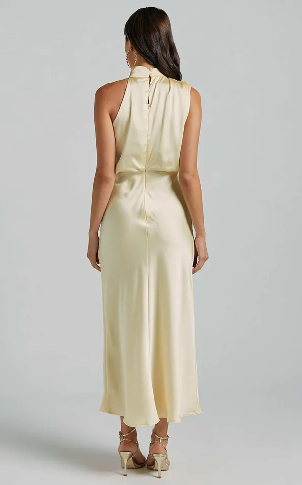 Showpo Minnie Midi Dress 8211 Drape Neck Satin Slip Dress In Butter Yellow Women Dresses