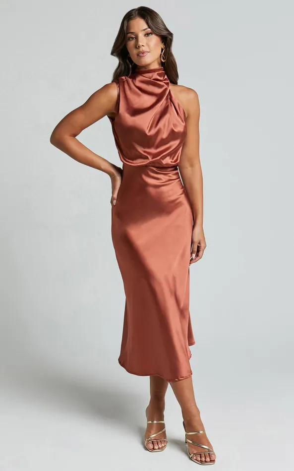 Showpo Minnie Midi Dress 8211 Drape Neck Satin Slip Dress In Copper Women Dresses Showpo Minnie Midi Dress 8211 Drape Neck Satin Slip Dress In Copper Women Dresses