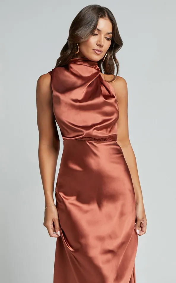 Showpo Minnie Midi Dress 8211 Drape Neck Satin Slip Dress In Copper Women Dresses