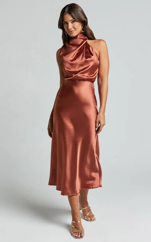 Showpo Minnie Midi Dress 8211 Drape Neck Satin Slip Dress In Copper Women Dresses