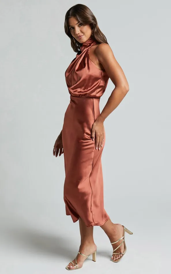 Showpo Minnie Midi Dress 8211 Drape Neck Satin Slip Dress In Copper Women Dresses