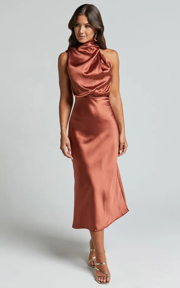 Showpo Minnie Midi Dress 8211 Drape Neck Satin Slip Dress In Copper Women Dresses