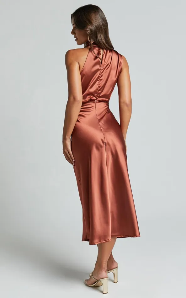 Showpo Minnie Midi Dress 8211 Drape Neck Satin Slip Dress In Copper Women Dresses