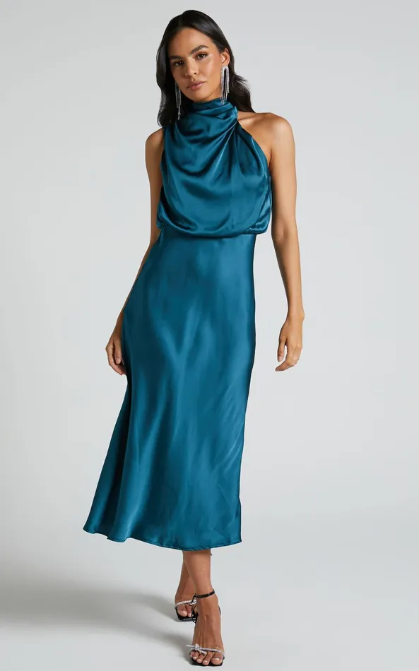 Showpo Minnie Midi Dress 8211 Drape Neck Satin Slip Dress In Teal Women Dresses